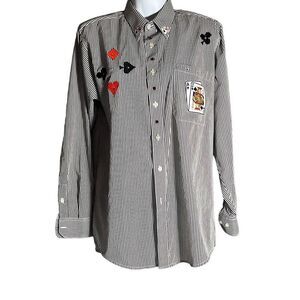 Get Lucky Womens Button Down Shirt Striped Small Embroidered Cards Black Small